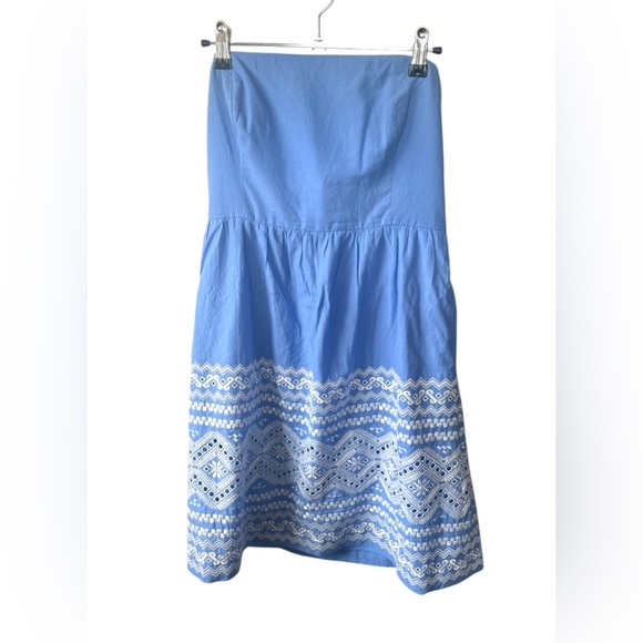J. Crew Blue and White Embroidered Strapless Dress, Size 6 - Picture 1 of 8